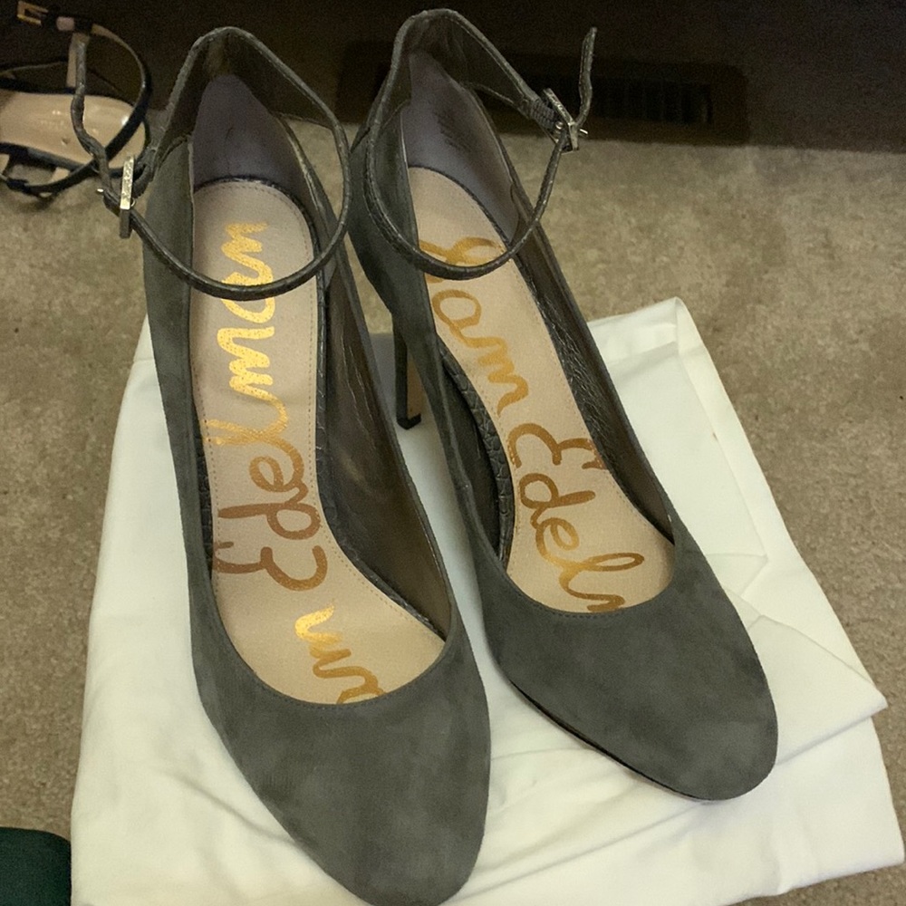 Sam Edelman suede and croc 3 inch pumps with ankle strap.